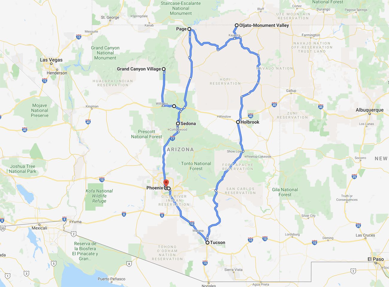 亚利桑那公路旅行地图